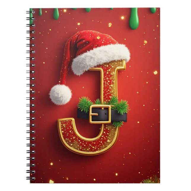 Santa Bokstav J Monogram Julkrans 🎅 Anteckningsbok (Framsidan)