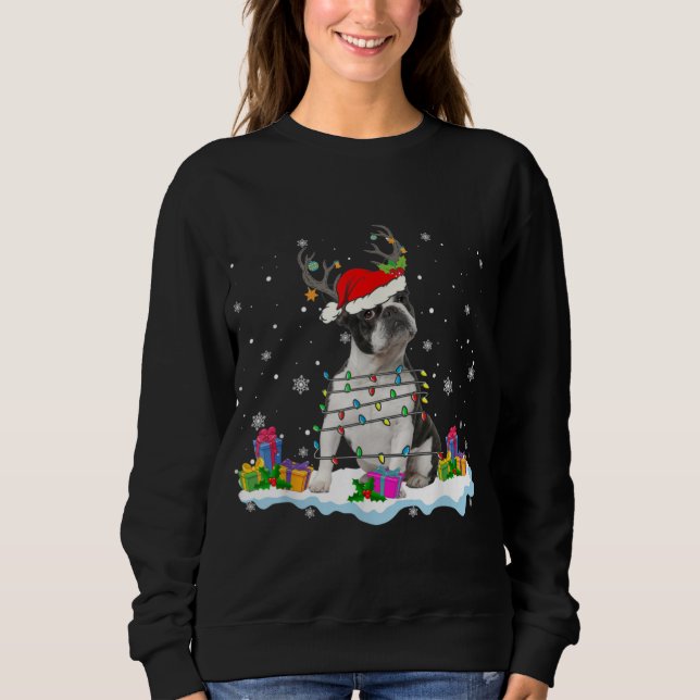 Santa Boston Terrier jul Ljus Santa Reinde T Shirt (Framsida)