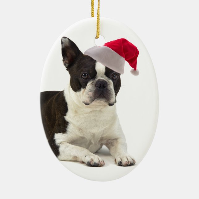 Santa Boston Terrierprydnad Julgransprydnad Keramik (Baksidan)