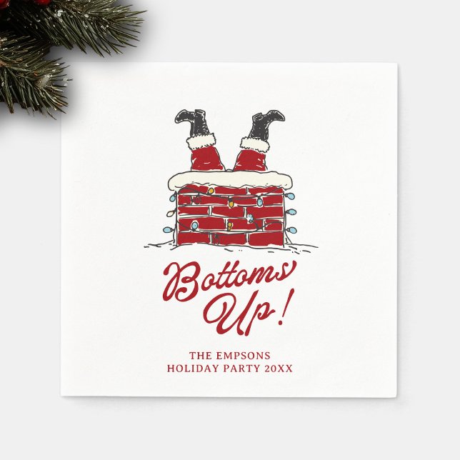 Santa Bottoms Up Funny Holiday Cocktail Accent Pappersservett (Square cocktail napkin with Santa upside-down in a chimney, fun “Bottoms Up!” red lettering)