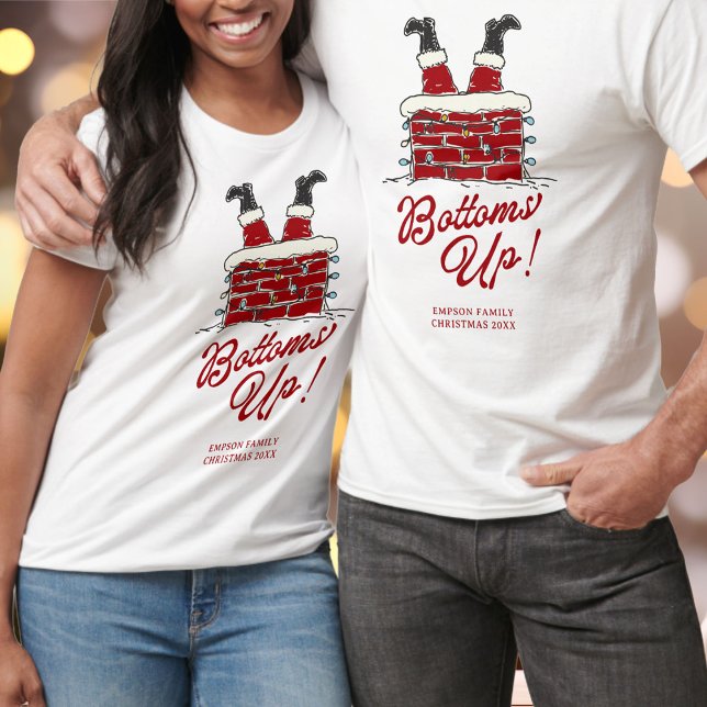Santa Bottoms Up Funny Matching Holiday Party T Shirt (White Christmas t-shirts with Santa upside down in a chimney, whimsical lights, red “Bottoms Up!” )