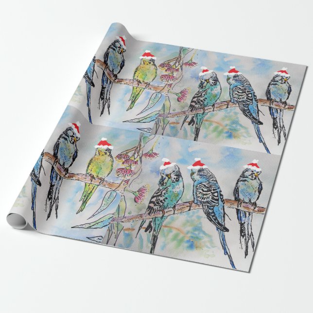 Santa Budgie Budgies Blommönster Wrapping Papper Presentpapper (Utrullad)