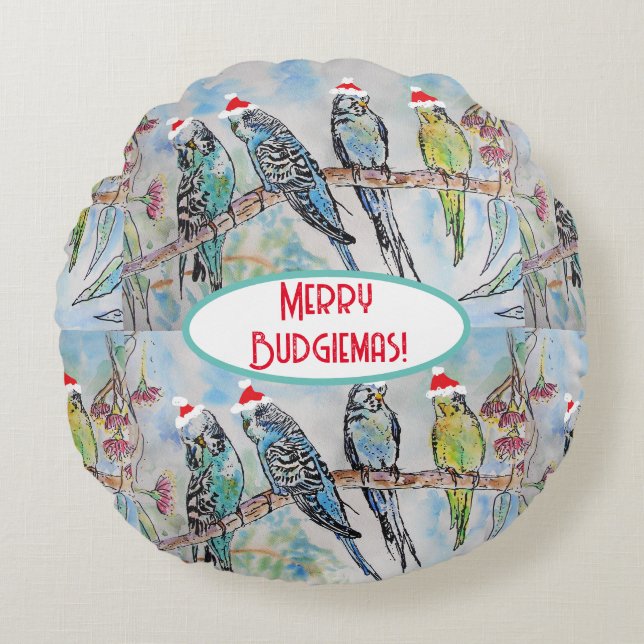Santa Budgie Christmas Watercolor Painting Bird Rund Kudde (Framsidan)