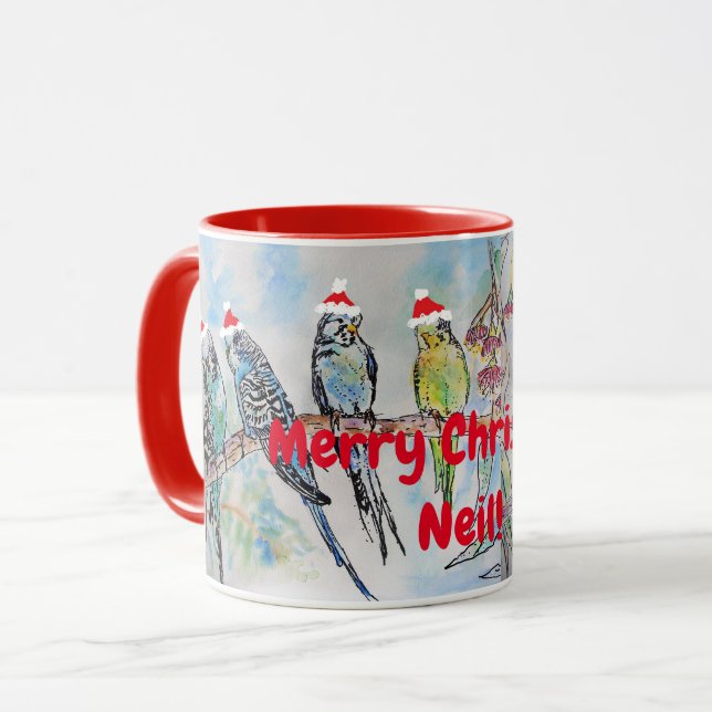 Santa Budgie God jul Namn Mugg Red (Framsida vänster)