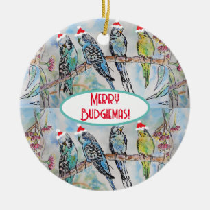 Santa Budgie jul vattenfärg målning Fågel Julgransprydnad Keramik