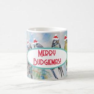 Santa Budgie jul vattenfärg målning Fågel Kaffemugg