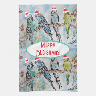 Santa Budgie jul vattenfärg målning Fågel Kökshandduk