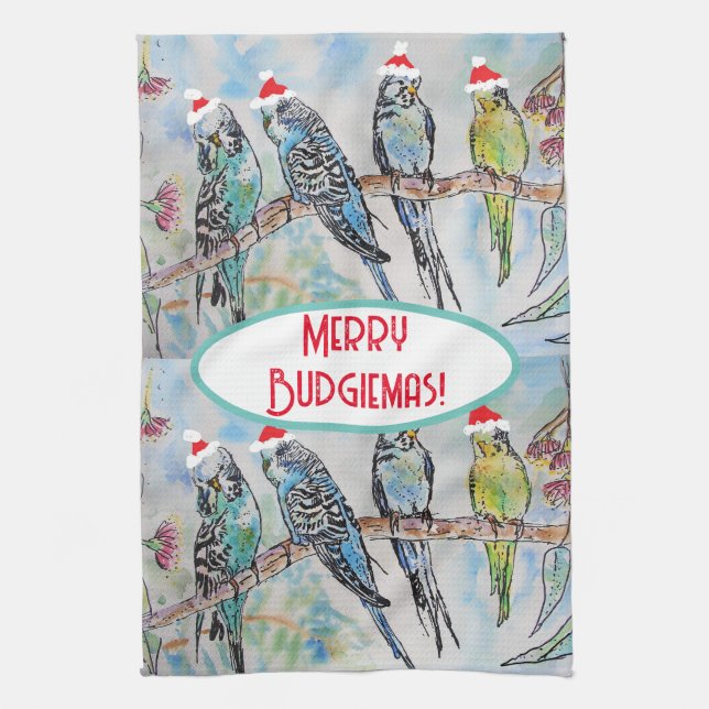 Santa Budgie jul vattenfärg målning Fågel Kökshandduk (Vertikal)