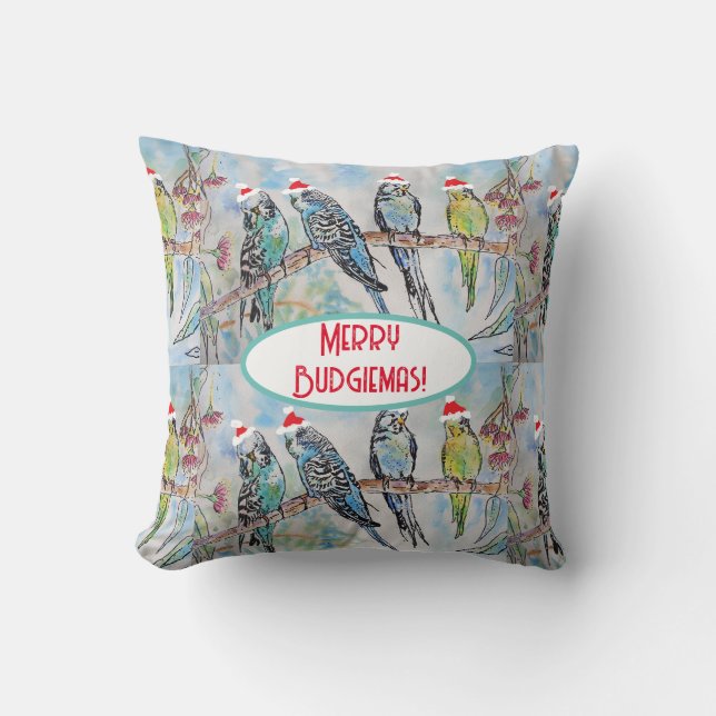 Santa Budgie jul vattenfärg målning Fågel Kudde (Framsida)