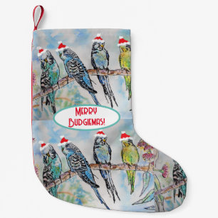 Santa Budgie jul vattenfärg målning Fågel Liten Julstrumpa