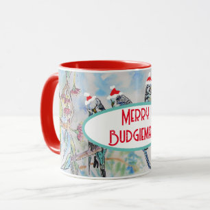 Santa Budgie jul vattenfärg målning Fågel Mugg