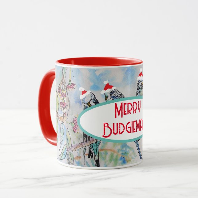 Santa Budgie jul vattenfärg målning Fågel Mugg (Framsida vänster)