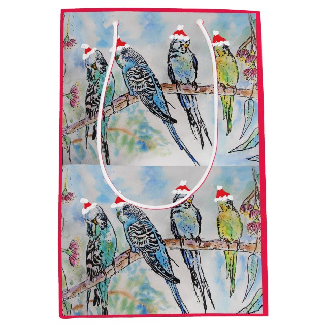 Santa Budgie jul Watercolor Painting Bird (Framsidan)