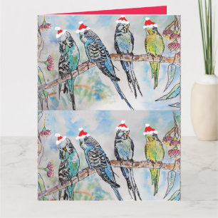 Santa Budgie jul Watercolor Painting Bird Kort
