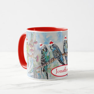 Santa Budgie jul Watercolor Painting Bird Mugg