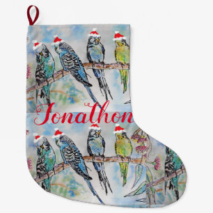 Santa Budgies Budgie-fågeljakt Stor Julstrumpa
