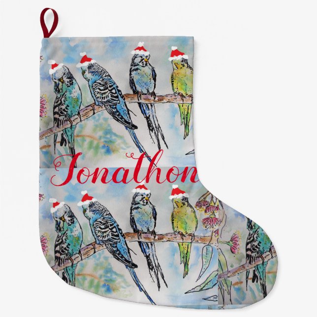 Santa Budgies Budgie-fågeljakt Stor Julstrumpa (Framsidan)