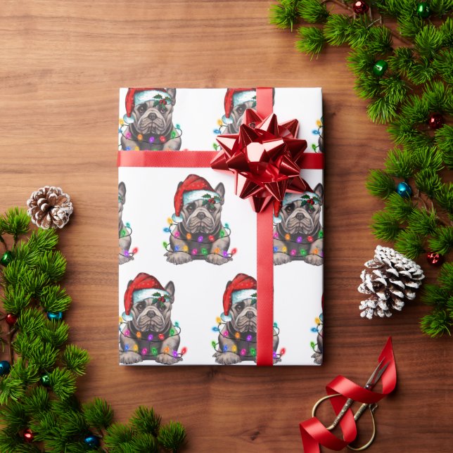 Santa Bulldog med Jul Ljus Wrapping Papper Presentpapper (Julgåva)