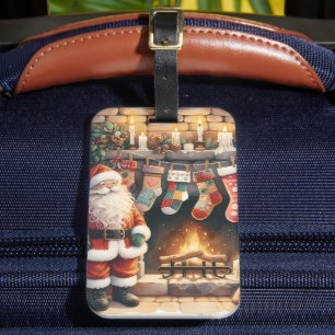 Santa by Fireplace jul Stockings Bagagebricka