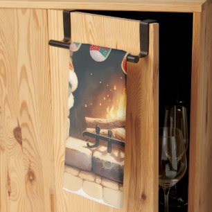 Santa by Fireplace jul Stockings Kökshandduk