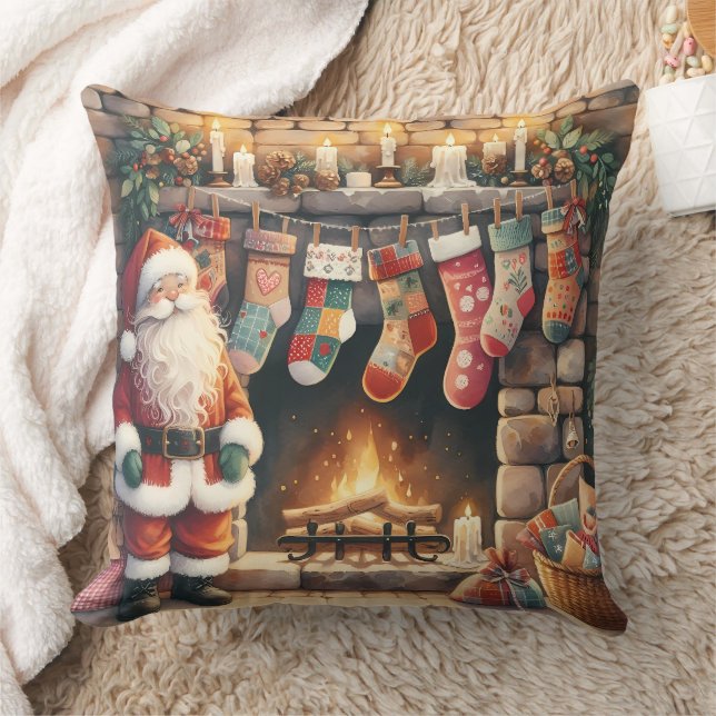 Santa by Fireplace jul Stockings Kudde (Filt)