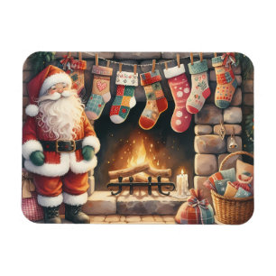 Santa by Fireplace jul Stockings Magnet