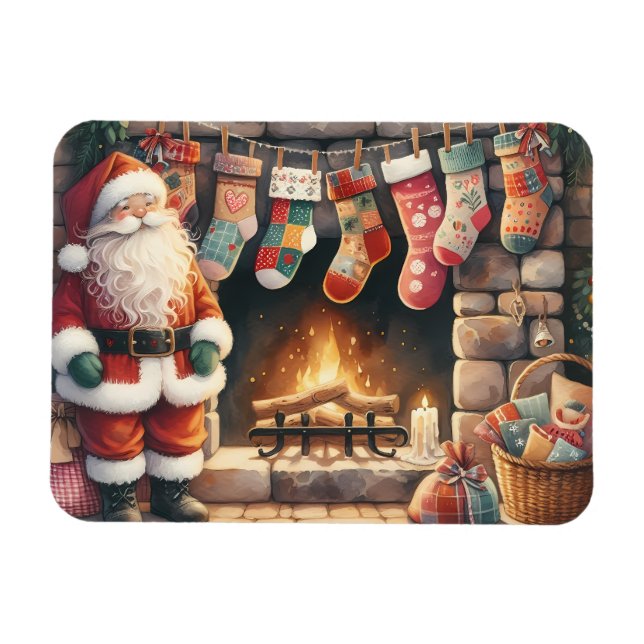 Santa by Fireplace jul Stockings Magnet (Horisontell)