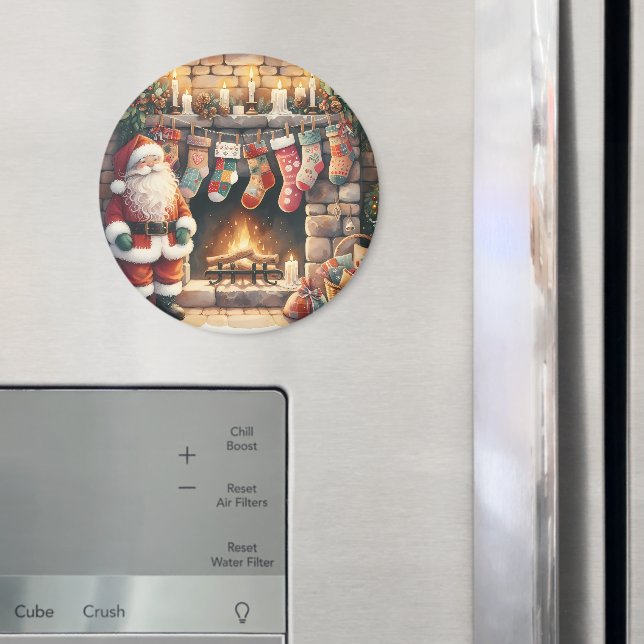 Santa by Fireplace jul Stockings Magnet (In Situ (Fridge))