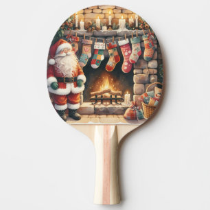 Santa by Fireplace jul Stockings Pingisracket