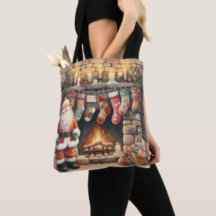 Santa by Fireplace jul Stockings Tygkasse
