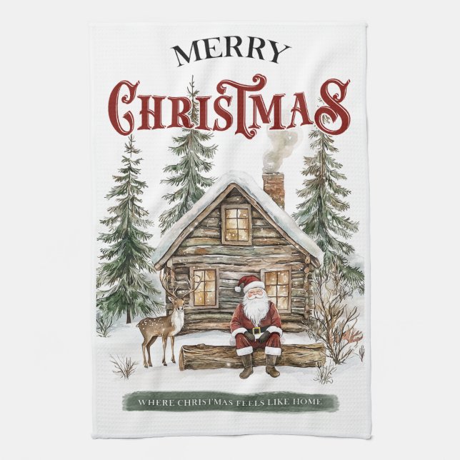 Santa & Cabin Watercolor Kökshandduk (Vertikal)