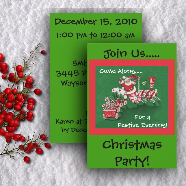 Santa Candy Tåg jul Inbjudningar (Santa riding a peppermint candy train on green and red Christmas party invitations.)