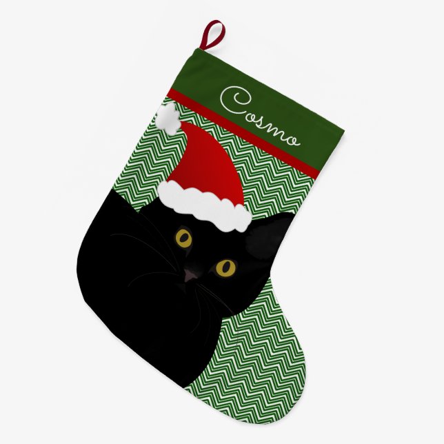 Santa Cat Black med Gult Öga Personlig Stor Julstrumpa (Framsidan (Hängande))