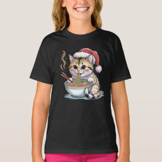 Santa Cat Eating Ramen Cute Christmas Kitty T Shirt