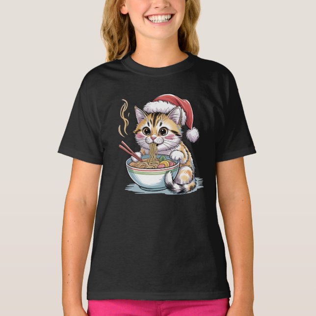 Santa Cat Eating Ramen Cute Christmas Kitty T Shirt (Framsida)