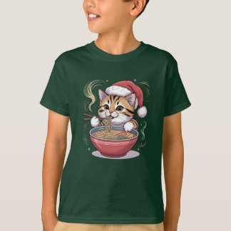 Santa Cat Eating Ramen Cute Christmas Kitty T Shirt