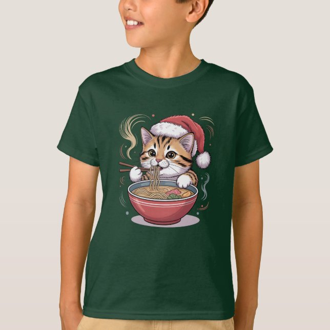 Santa Cat Eating Ramen Cute Christmas Kitty T Shirt (Framsida)