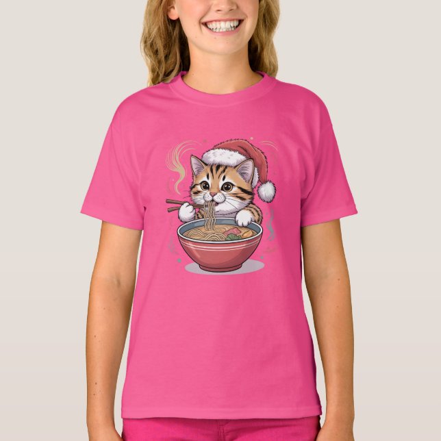 Santa Cat Eating Ramen Cute Christmas Kitty T Shirt (Framsida)