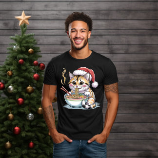 Santa Cat Eating Ramen Cute Christmas Kitty T Shirt