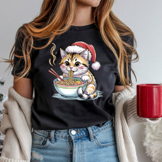 Santa Cat Eating Ramen Cute Christmas Kitty T Shirt