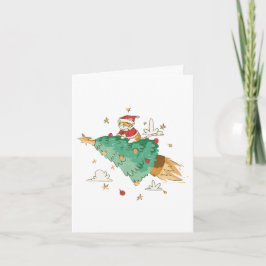 Santa Cat Flies på Julgran Kort