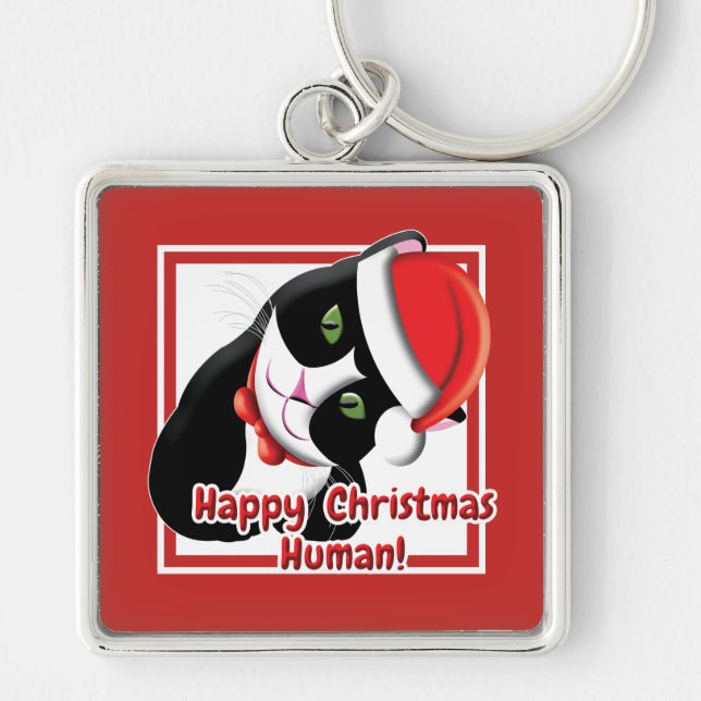 Santa Cat Fyrkantig Silverfärgad Nyckelring (Framsidan)