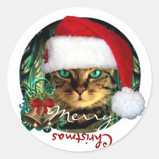 Santa Cat God jul Sticker Runt Klistermärke