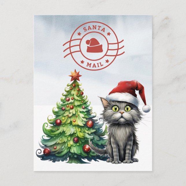 Santa Cat Mail med Julgran Helg Vykort (Framsida)