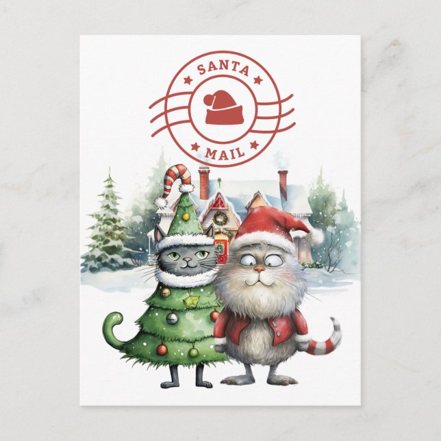 Santa Cat Mail med Julgran Helg Vykort (Framsida)