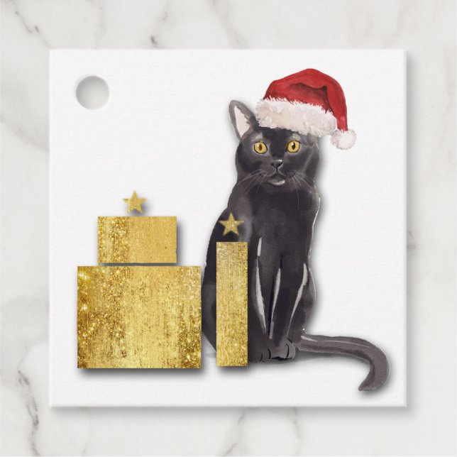 Santa Cat med Guld Paket Gift Märkres Gåvor Etiketter (Framsida)