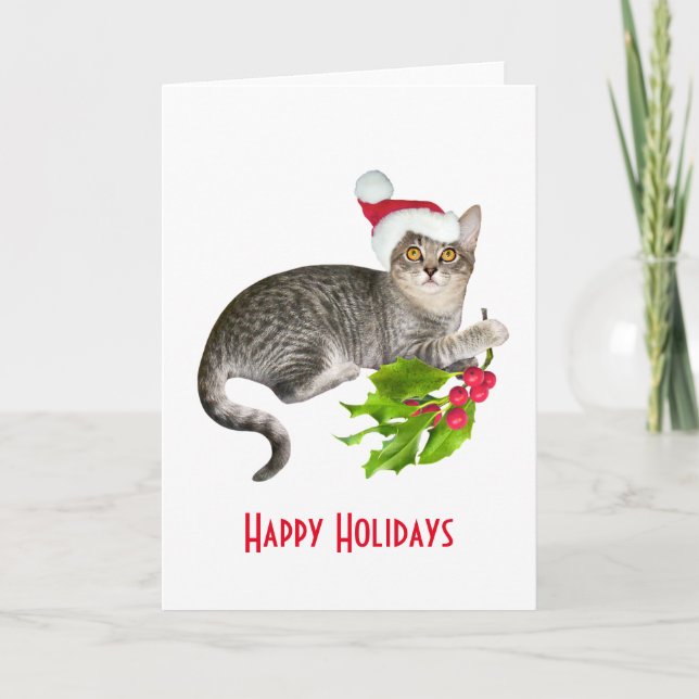 Santa Cat med Holly Helgdag Card Helgkort (Framsida)