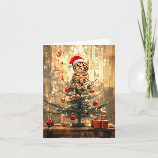 Santa Cat och Julgran Helgkort (Framsida)