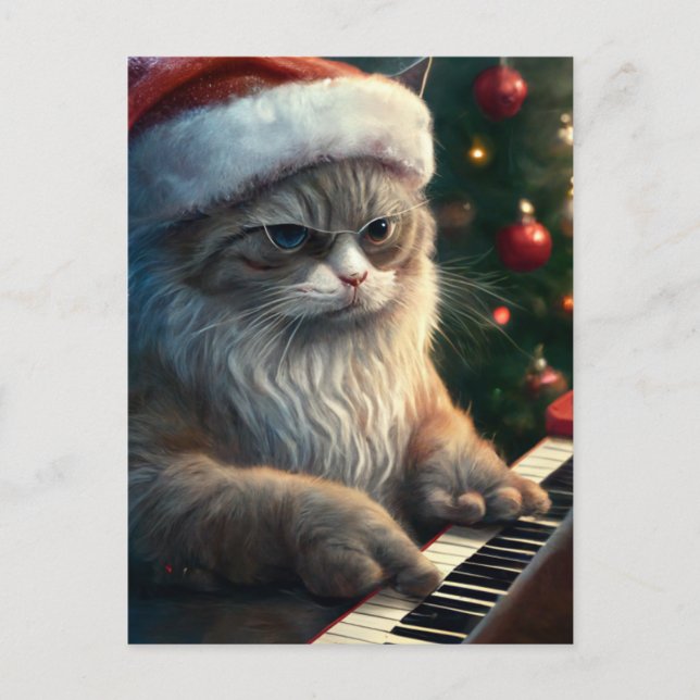 Santa Cat Plays Piano Vykort (Framsida)