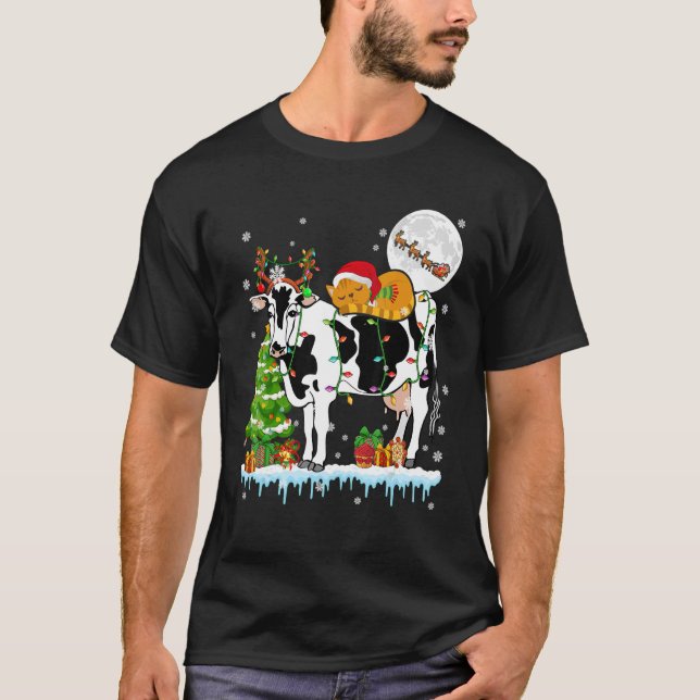 Santa Cat Ridding Reindeer Cow Julgran Farm T Shirt (Framsida)